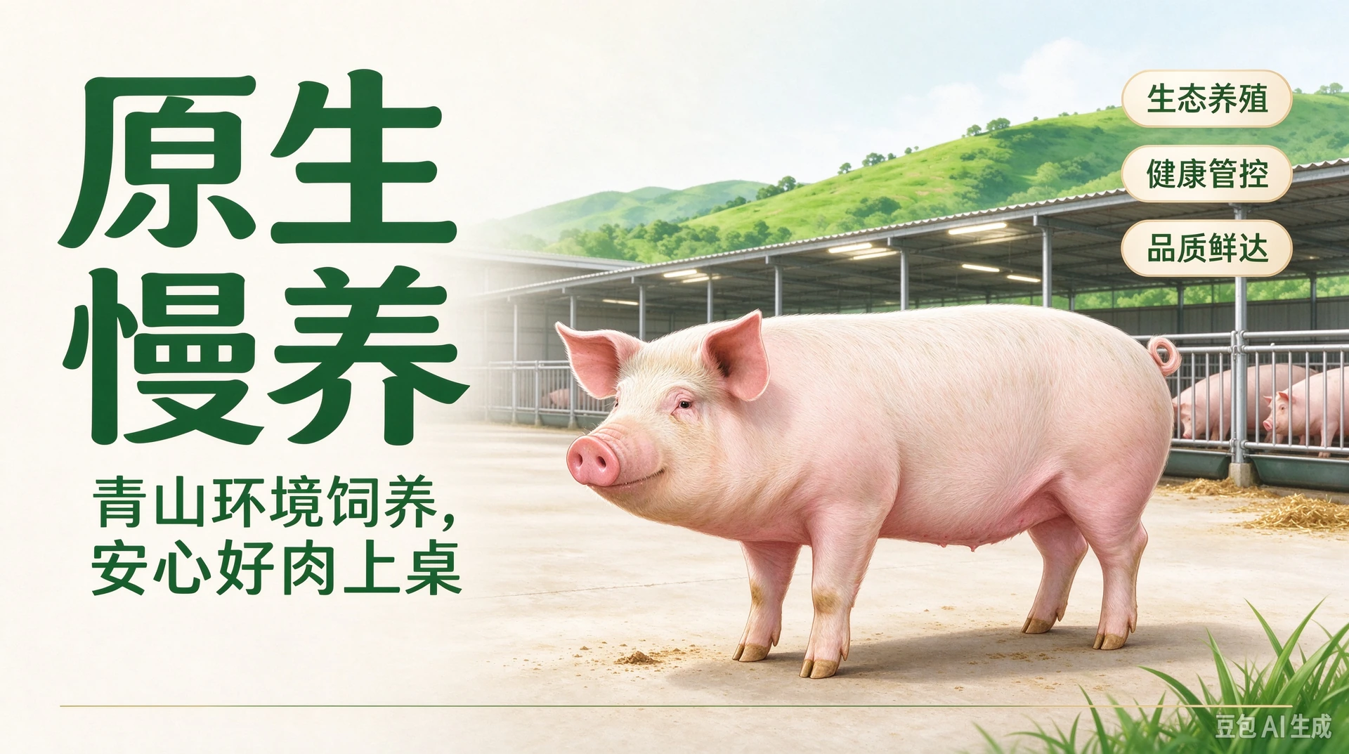 原生慢养宣传图：青山、猪舍与生猪，配有生态养殖、健康管控、品质鲜达文字