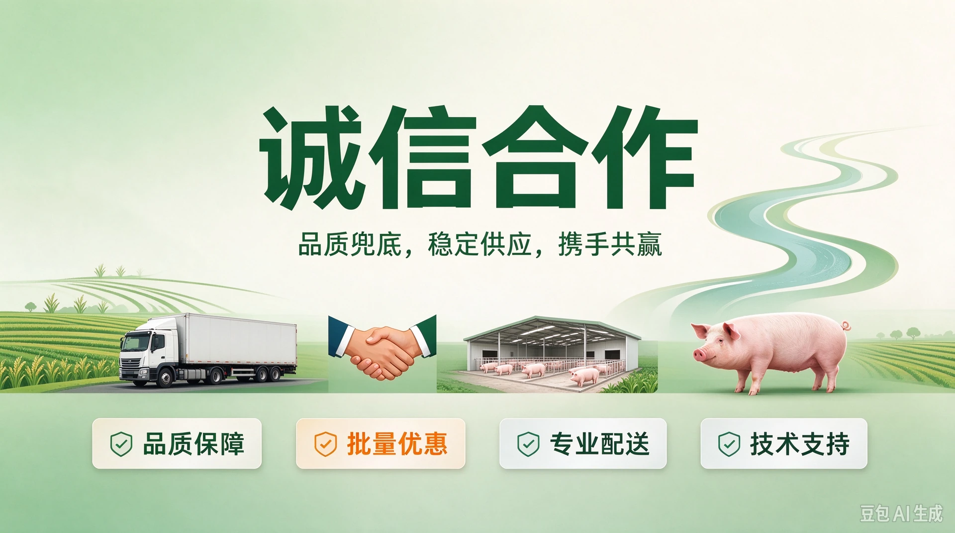 诚信合作宣传图：品质保障、批量优惠、专业配送、技术支持