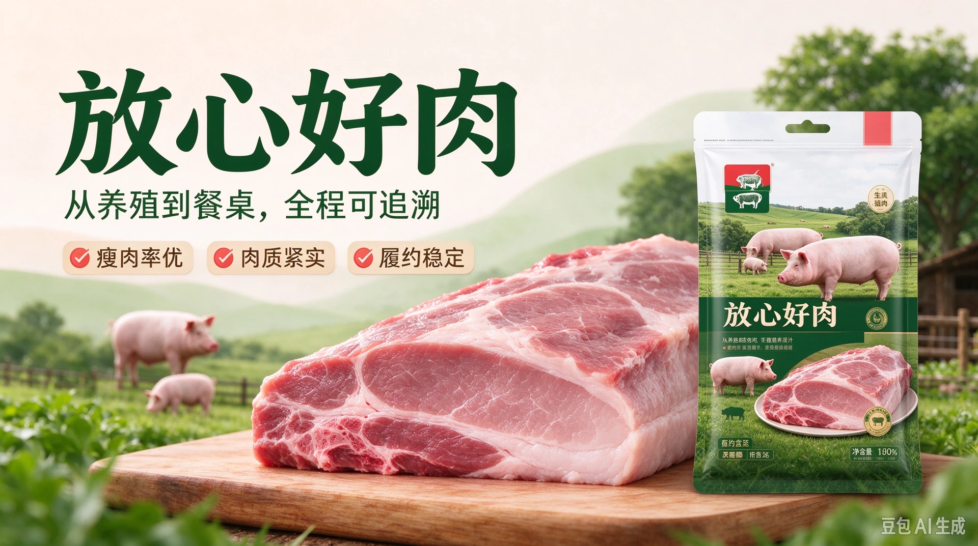 放心好肉宣传图，展示猪肉与产品包装示意